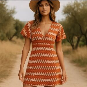 Judith March Coral, Tan and Cream Knit Zig Zag Striped Mini Dress